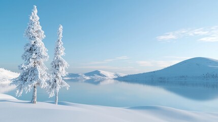 Fototapeta premium Snowy trees by a calm winter lake