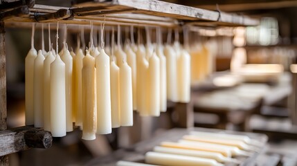 An Artistic Capture of Hand-Dipped Candles in a 17th-Century Workshop with a Calm and Meticulous Feel