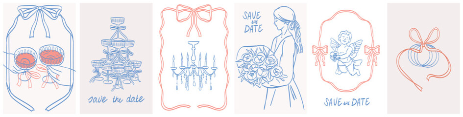 Hand drawn wedding ceremony illustrations. Italian style save the date posters and placards. Wine, champagne glass, bride with bouquet of flowers for party invitations, menus. Ink doodle sketch style.