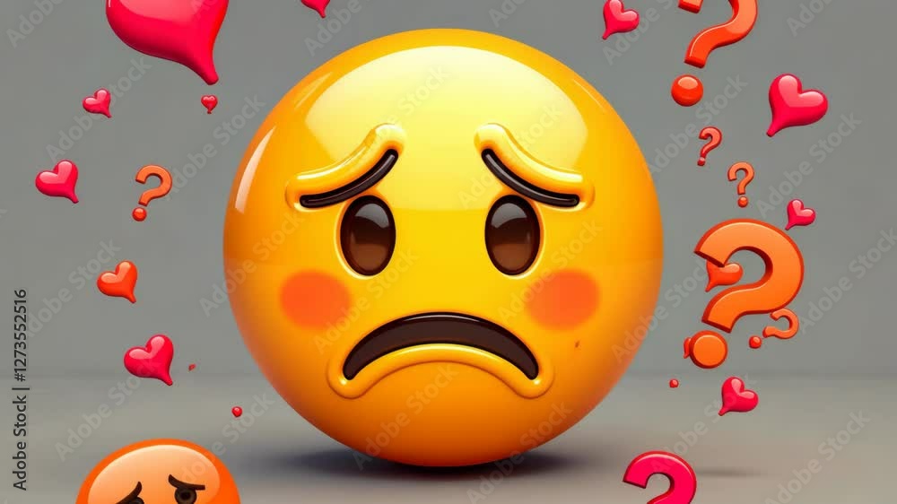 Poster A yellow face with a frown and a red heart on the left side. There are two red exclamation points on the right side