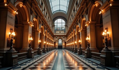 Fototapeta premium A stunning view of an elegant corridor with grand architecture, perfect for illustrating themes of history, elegance, or legal settings in marketing materials.
