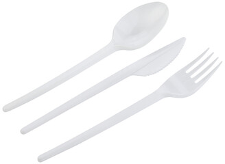 Disposable plastic cutlery: spoon, knife, fork isolated on a transparent background. Completely in focus. Focus stacking.