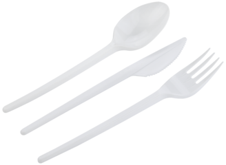 Disposable plastic cutlery: spoon, knife, fork isolated on a transparent background. Completely in focus. Focus stacking.