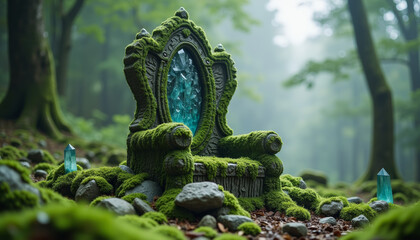Fototapeta premium Moss-covered throne with crystal in enchanted forest