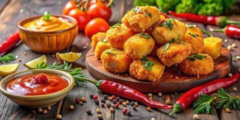 Crispy golden nuggets overflowing with melted cheese and spicy chili sauce, surrounded by a medley of colorful spices and herbs