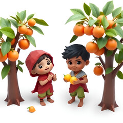 Full shot of two cartoon children standing beneath orange trees.