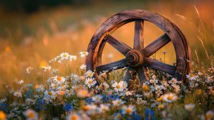 A vintage wooden wheel partially submerged in a field of wildflowers, softly illuminated by evening light