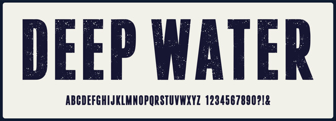 Condensed grunge vector font with soft texture. Alphabet font with uppercase and number