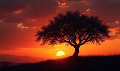 A serene silhouette of a tree against a vibrant sunset, evoking tranquility and natures beauty. Perfect for environmental themes, relaxation, and inspiration.