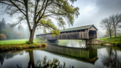Fototapeta premium Abandoned, ancient, tree-covered bridge spanning a dark, eerie river under overcast skies and thick fog, stillness