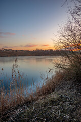 Beautiful blue hour on the lake, trees on the beach , sunrise over the lake with blue sky without clouds.Landscape photography on the pond , purple colors on the sky , trees and water , reflections 