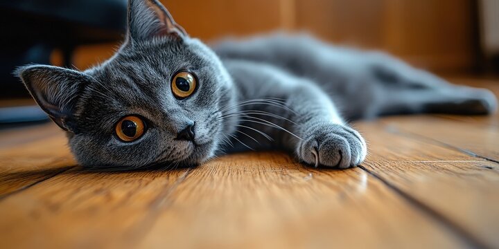 A serene gray cat lounges on a light brown wooden floor, eyes piercingly gazing into the camera from a side-tilted head