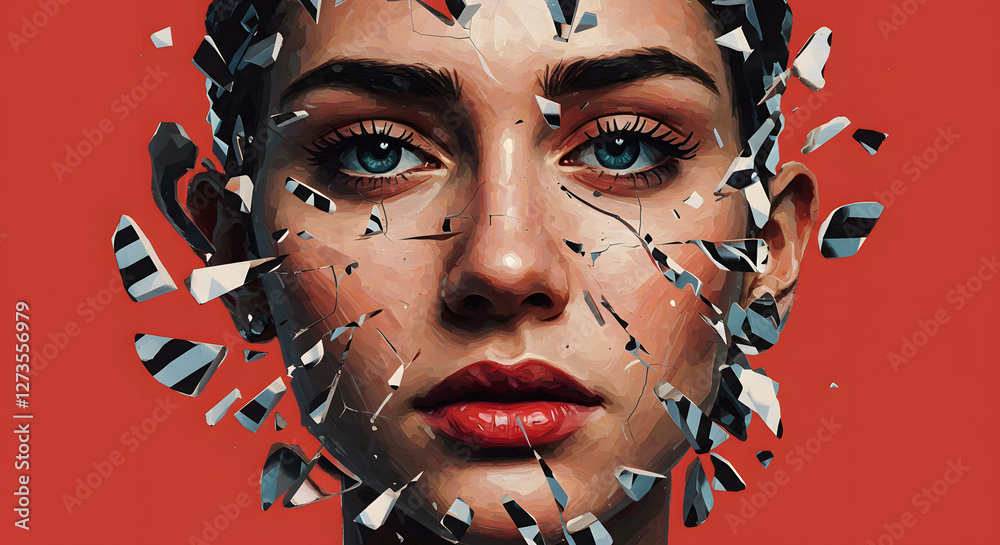 Wall mural abstract portrait face fragmented and distorted artistic expression conceptual art