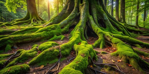 Ancient Tree Roots Entwined with Lush Green Moss - Candid Nature Photography
