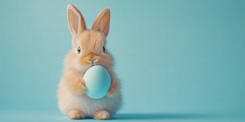 Fototapeta premium A fluffy bunny holds a soft blue Easter egg against a contrasting background, showcasing a charming spring vibe.