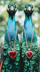 Two peacocks wearing heart shaped pendants showing their love and affection