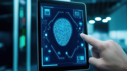 Innovative fingerprint scanning technology for security solutions in modern facilities digital interface high-tech environment close-up view privacy protection
