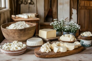 Delightful dairy creations cozy farmhouse kitchen culinary art rustic atmosphere overhead angle embracing home-made dairy products