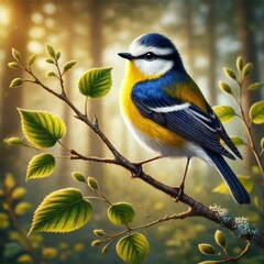 Fototapeta premium A Small Fluffy Bird Perched on a Pine Branch in a Sunlit Forest