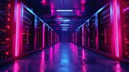 Vibrant cyber environment with illuminated servers in a futuristic data center during night hours
