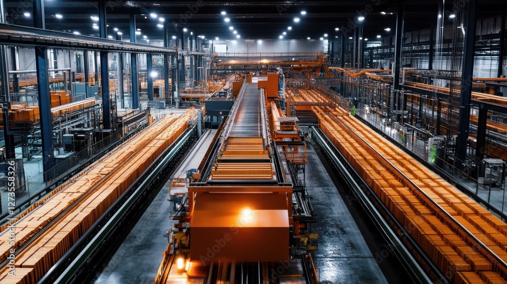 Poster automated conveyor belts transport boxes in large industrial factory