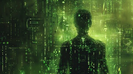 Digital landscape featuring a humanoid silhouette amidst flowing green code and data streams in a futuristic setting