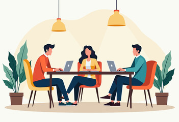 Three people are working on their laptops in a meeting room with plants and hanging lights. Flat vector illustration