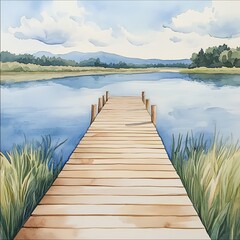 Fototapeta premium Serene Wooden Dock Extending Into Still Lake Surrounded By Greenery And Distant Mountains