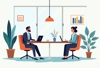 Two people, a man and a woman, are working on their laptops in an office setting. Flat vector illustration