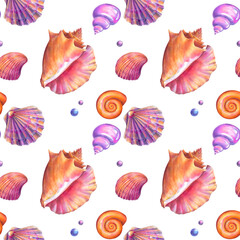 Watercolor marine seamless pattern with shells, pearl