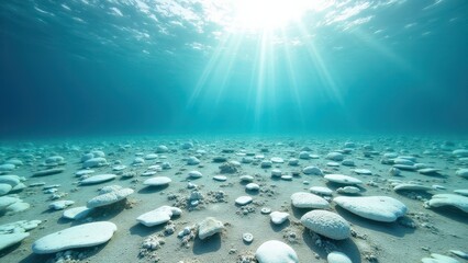 Naklejka premium Split view of bleached coral reef in clear shallow tropical ocean water 