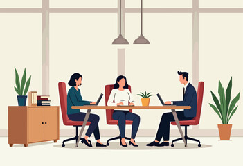 Three people are sitting at a conference table, each working on their laptop. Flat vector illustration