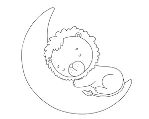 Baby lion sleep on moon, vector line illustration for coloring book, Safari animal, outline drawing