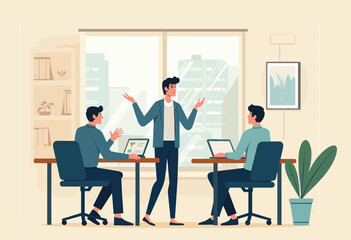Three people are working in an office, with one person standing and gesturing towards the other two seated at desks, each using a laptop. Flat vector illustration