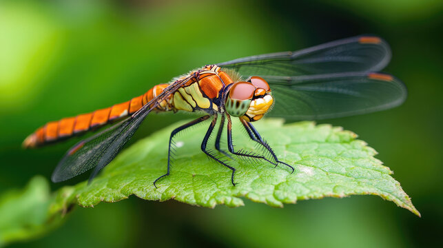 A close-up of a dragonfly resting on a leaf