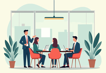 In the image, a group of people are gathered in a conference room, engaged in a meeting or discussion. Flat vector illustration