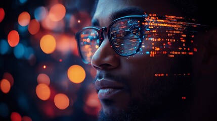Cybersecurity and Data Analytics Concept with Coder’s Face Reflected in Glasses Against a Digital Background