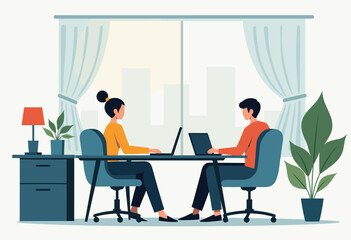 Two people are working on their laptops in an office setting, with a cityscape visible through the window behind them. Flat vector illustration