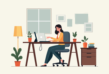 A woman is working on a laptop at a wooden desk in a home office, surrounded by potted plants and a lamp. Flat vector illustration