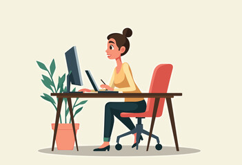 A woman is working at her desk, using a computer and a laptop, with a potted plant nearby and a chair to sit on. Flat vector illustration