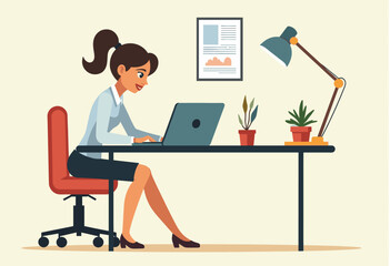 A woman is sitting at a desk, working on a laptop computer with a smile on her face. Flat vector illustration