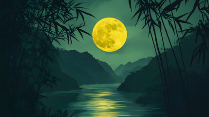 A yellow moon hangs in the sky, with green mountains and rivers below it
