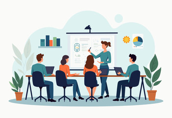 A group of people are working together in a meeting, with a woman presenting information to the others. Flat vector illustration