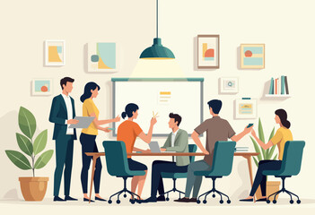 A group of people are gathered around a table in a meeting room, engaged in discussion and collaboration. Flat vector illustration
