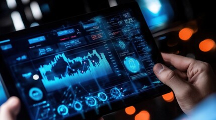 Analyzing digital finance trends modern office data visualization high-tech environment close-up viewpoint business intelligence