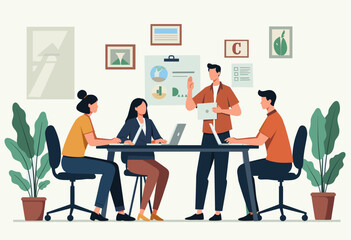 A group of four people are working together in a meeting, with two individuals actively engaged in discussion and the other two attentively listening. Flat vector illustration