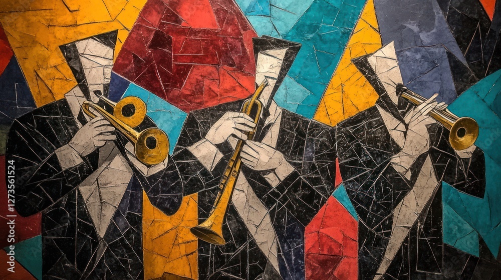 Poster three musicians play brass instruments in an abstract style artwork
