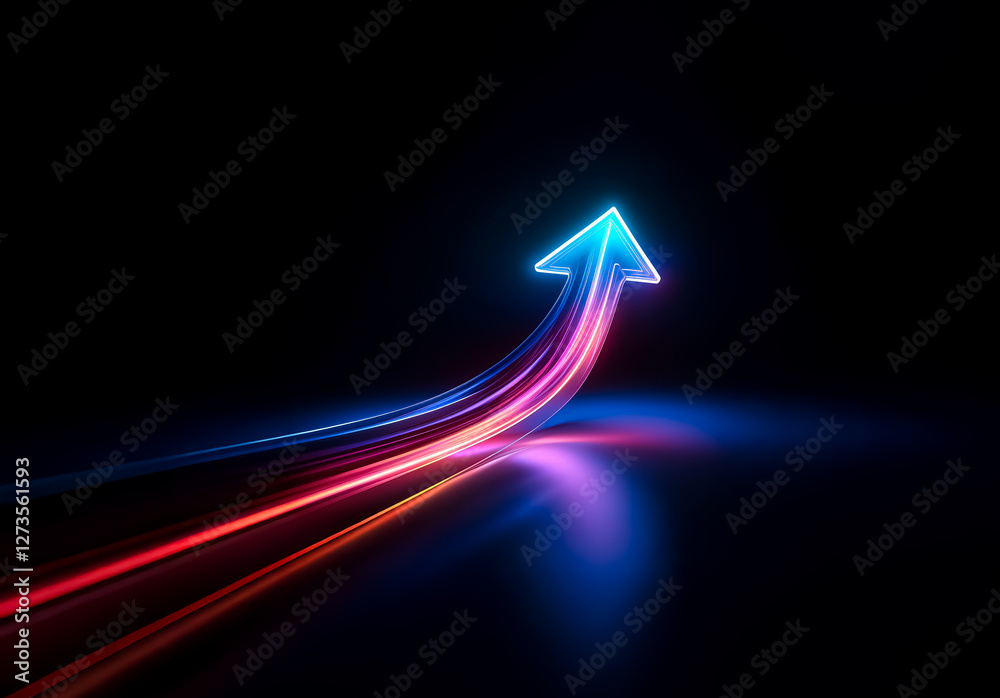 Poster shenzhen, china - unknown date : glowing neon arrow pointing upwards, illuminated with vibrant blue 