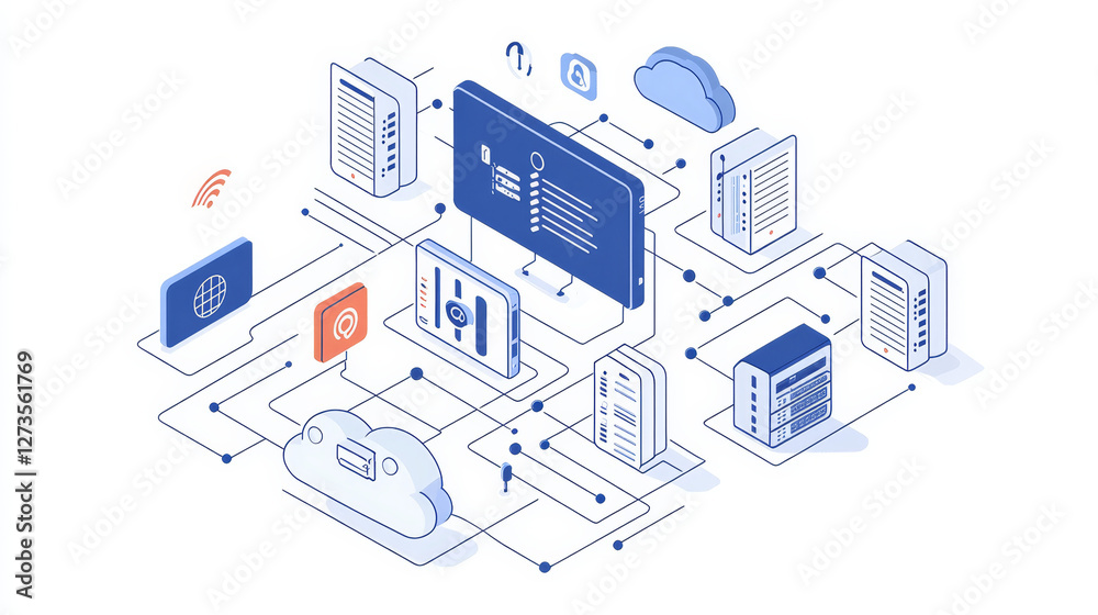 Poster thin lines connection icon outline of big data center group cloud computing system internet protecti