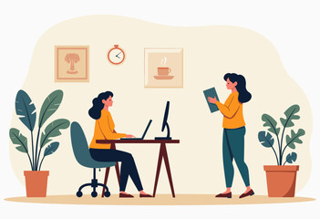 Two women are working in an office setting, with one sitting at a desk using a laptop and the other standing nearby, holding a folder. Flat vector illustration